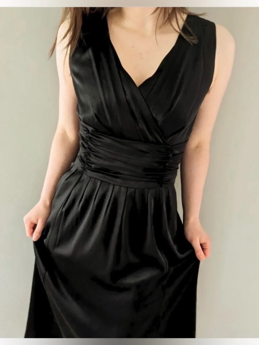 Boden Silk Dress Sz 10R Black Sleeveless MIDI V-Neck Fit & Flare Cocktail Party